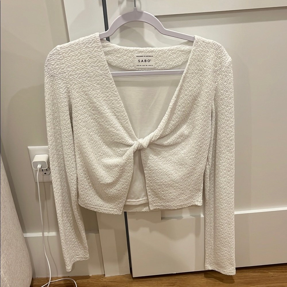 Sabo Skirt Cream Ribbed Tie Front Crop Top